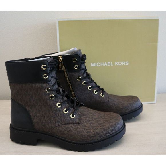 Michael Kors Women Sz 8M Brown/Blck Alistar Lace-Up Lug Sole Combat Booties $160 - Picture 1 of 8